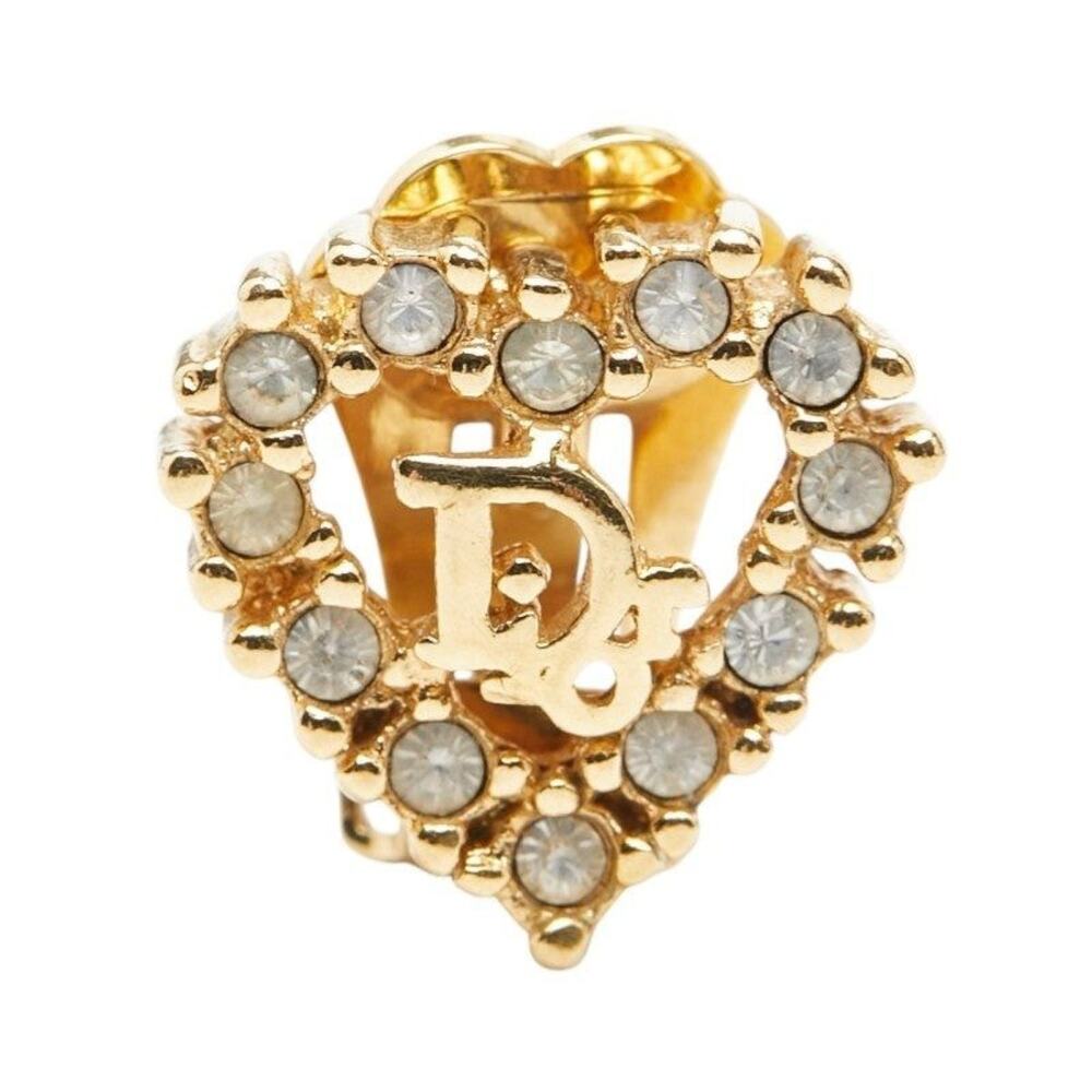 Dior Logo Heart Motif Rhinestone Plated Earrings Gold